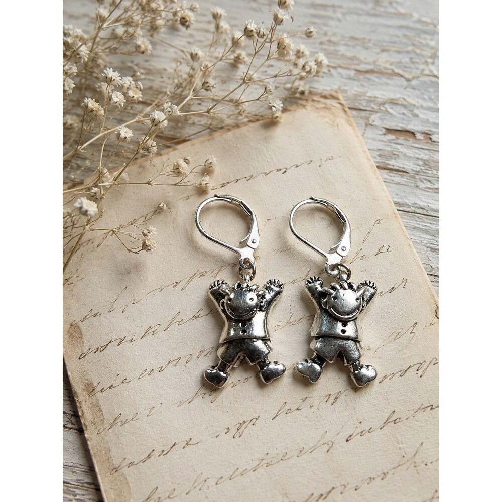 Vintage Silver Tone Happy Child Figural Dangle Leverback Earrings